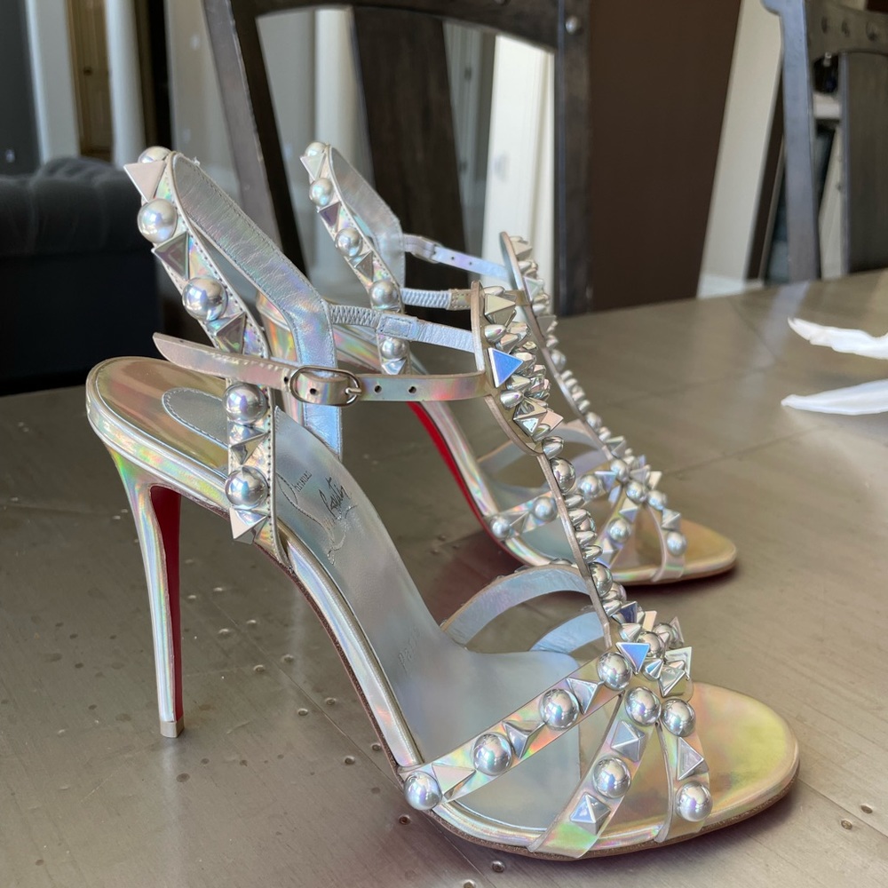 christian louboutin Goldora 100mm stiletto sandal spike iridescent sz 38